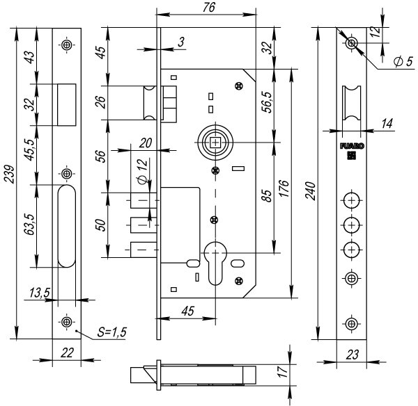 Корпус врезного замка с защёлкой FUARO 900 3MR/CP W/B хром