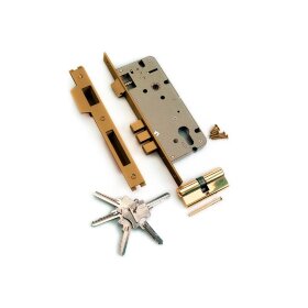 Замок врезной с защелкой и тремя ригелями ARCHIE L01-45-70 AB/ACF античная бронза / античный кофе