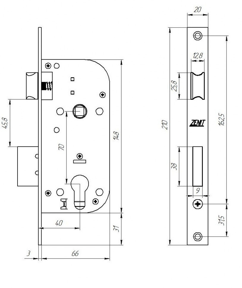 Замок врезной цилиндровый с защёлкой в комплекте с ручкой ЗЕНИТ ЗВ7-70.4 хром 5 кл