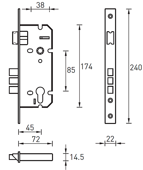 Замок врезной с защелкой и тремя ригелями ARCHIE L01-45-70 TR AB/ACF античная бронза / античный кофе