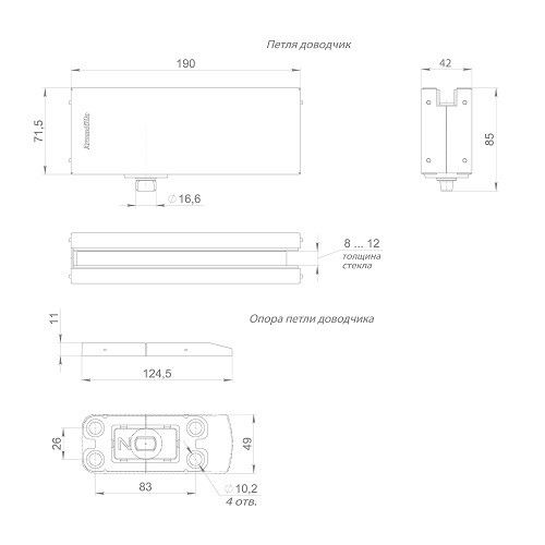 Петля-доводчик для стеклянной двери ARMADILLO Range.GL.H10 SS нержавеющая сталь