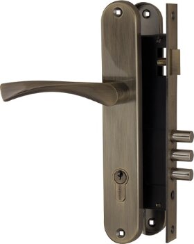 Замок врезной цилиндровый с защёлкой в комплекте с ручкой FUARO SET F9011 AB Античная бронза, 5 кл.