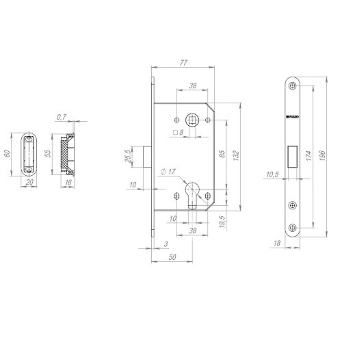 Замок межкомнатный под цилиндр FUARO MAGNM85C-50/BL INOX SN-3 матовый никель блистер