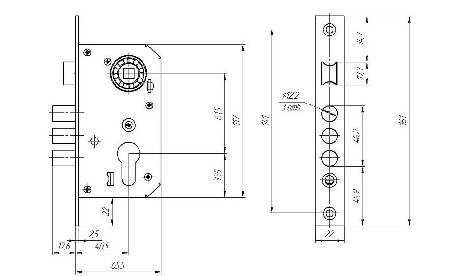 Замок врезной цилиндровый с защёлкой в комплекте с ручкой ЗЕНИТ ЗВ7-60.1-02 медь 5 кл