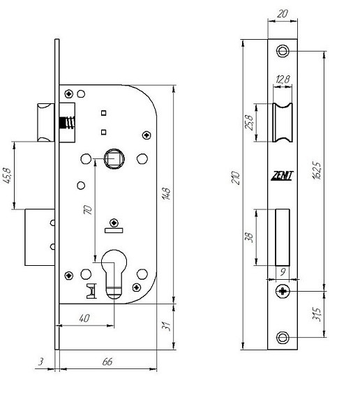 Замок врезной цилиндровый с защёлкой в комплекте с ручкой ЗЕНИТ ЗВ7-70.4-02 бронза 5 кл