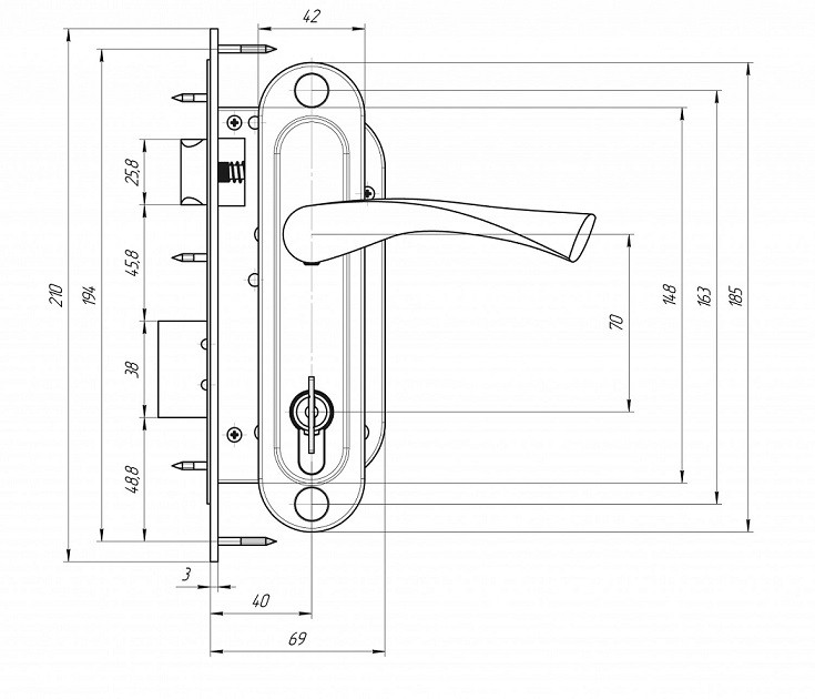 Замок врезной цилиндровый с защёлкой в комплекте с ручкой ЗЕНИТ ЗВ7-70.4-02 бронза 5 кл