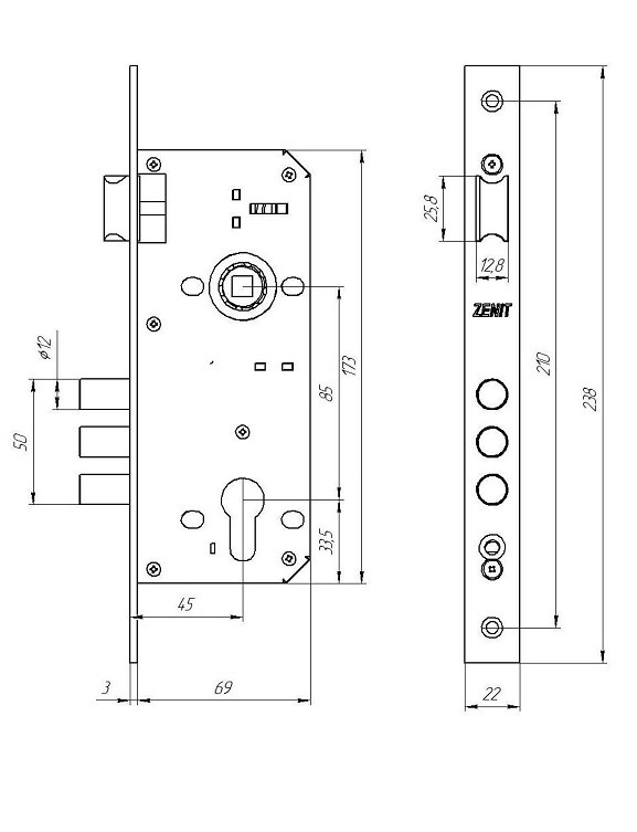 Замок врезной ЗЕНИТ цилиндровый с защёлкой в комплекте с ручкой ЗВ4-85.3 медь 5 кл.