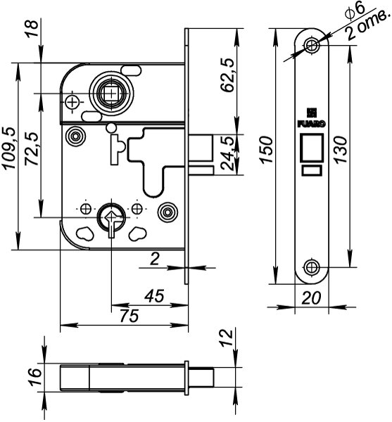 Замок межкомнатный ключ буратино FUARO 2014-WC/S-CP Хром