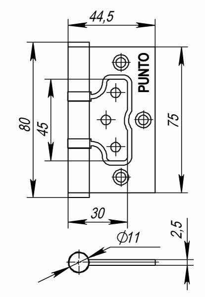 Петля накладная без врезки PUNTO 200-2B 75x2,5 PN матовый никель
