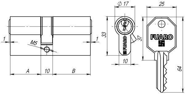 Цилиндровый механизм FUARO 100 CA 90 mm (30+10+50) CP хром 3 кл