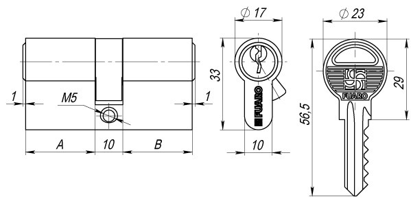 Цилиндровый механизм FUARO 1000ZAKey60(25+10+25) AB бронза