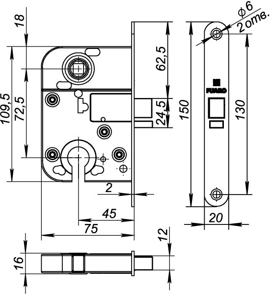 Замок межкомнатный под цилиндр FUARO 2018-CP хром