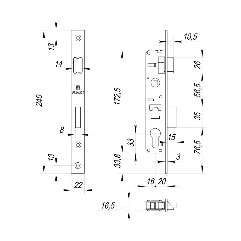 Корпус узкопрофильного замка с защелкой FUARO 153-20/85 CP хром