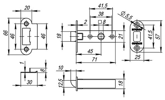 Защелка врезная FUARO PLASTIC P22-45-25 CP хром