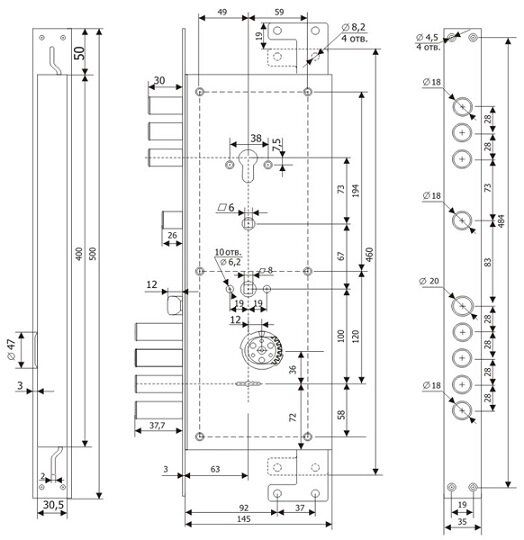 Замок врезной ГАРДИАН ЗВ 25.14 Т двухсистемный с тягами ЛЕВЫЙ (без накл), 5+1 кл (длин. кл. 54 мм) /123:453/