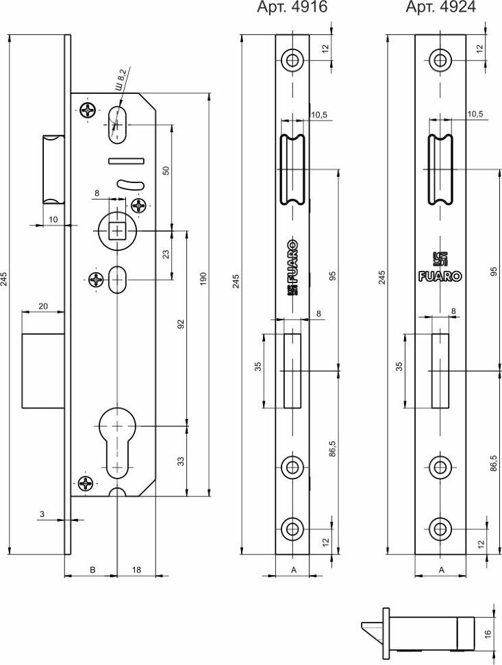 Корпус узкопрофильного замка с защелкой FUARO 4924-30/92 CP хром