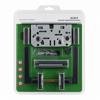 Комплект ручек AJAX с защелкой, петлями и поворотниками A/SET POLO JK.LN96.P.W BL-24 черный