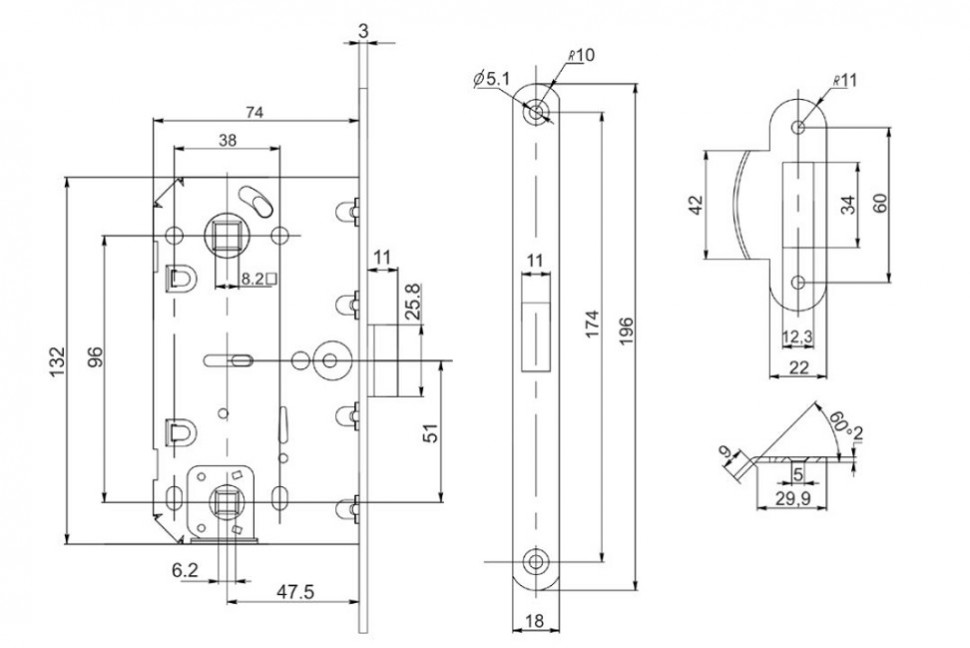Защелка врезная пластиковая PUNTO PL96WC-50 CP хром