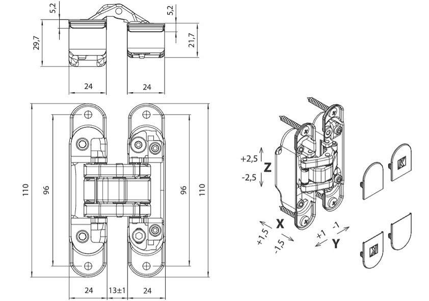 KUBICA K8060 ATOMIKA SLIM DXSX NS петля скрытая универсальная МАТОВЫЙ НИКЕЛЬ 60 kg