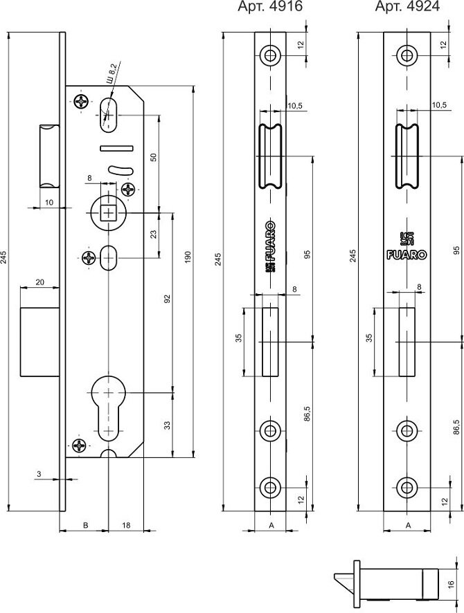 Корпус узкопрофильного замка с защелкой FUARO 4924-25/92 CP хром