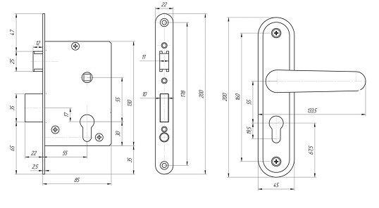 Замок врезной цилиндровый с защёлкой в комплекте с ручкой АБСОЛЮТ ЗВ4,2-08 медь антик 4 кл,