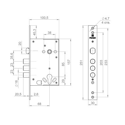 Корпус врезного замка полуавтоматический с защёлкой FUARO MDV32.21/C-65.85.3R16 S/A