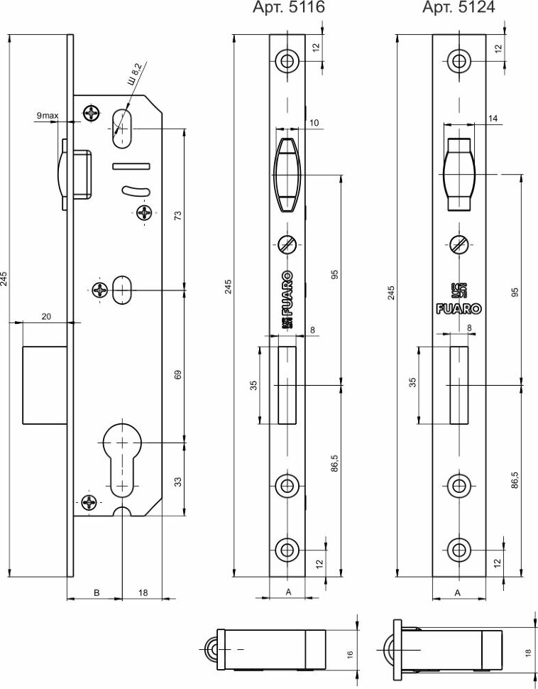 Корпус узкопрофильного замка с роликовой защёлкой FUARO 5124-30 CP хром