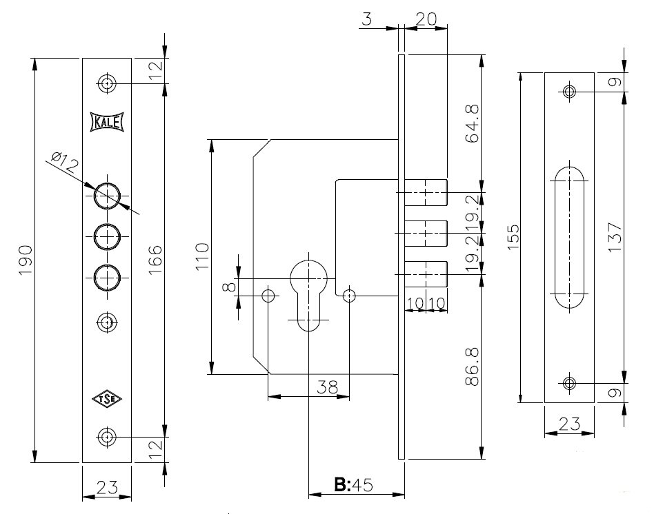 Корпус врезного замка KALE KILIT 189/3M 45 mm w/b латунь