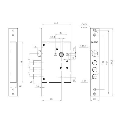 Замок врезной сувальдный PUNTO MDV30/S-65.77 CP хром длинный ключ тех.уп