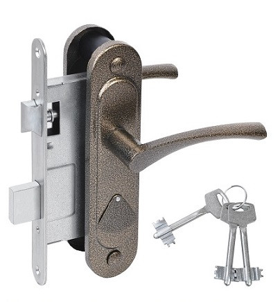 Замок врезной сувальдный с защёлкой в комплекте с ручкой АБСОЛЮТ ЗВ9.2-07 бронза 3 кл