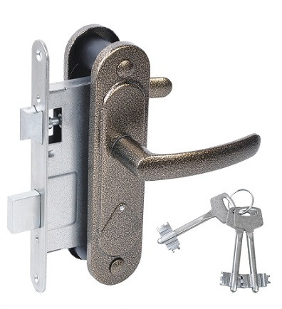 Замок врезной сувальдный с защёлкой в комплекте с ручкой АБСОЛЮТ ЗВ9.2-08 бронза 3 кл