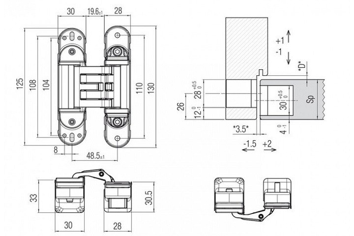KUBICA HYBRID 6360 38 OL петля скрытая универсальная асимметричная цвет ЗОЛОТО 60 kg