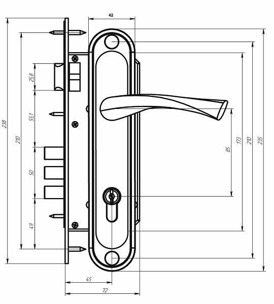 Замок врезной цилиндровый с защёлкой в комплекте с ручкой АБСОЛЮТ ЗВ4-85/07 медь антик 4 кл