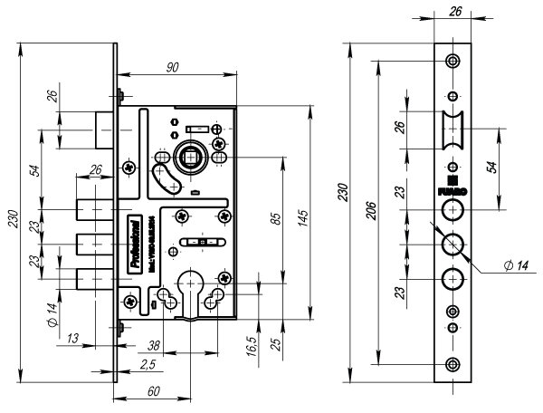 Корпус врезного замка c защёлкой FUARO V10/C-60.85.3R14