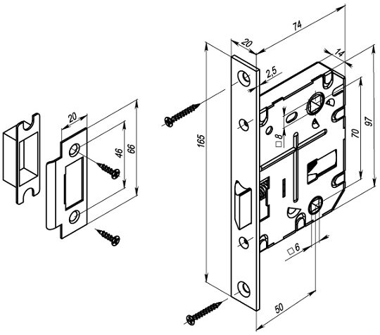 Защелка врезная PUNTO L72-50 CP Хром