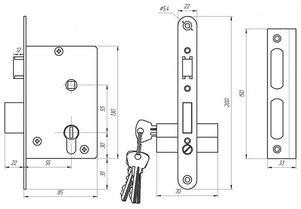 Замок врезной ЗЕНИТ цилиндровый с защёлкой в комплекте с ручкой ЗВ4-3.03 медь 4 кл.