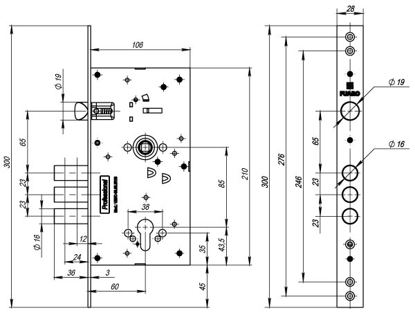 Корпус врезного замка c защёлкой FUARO V25/C-60.85.3R16