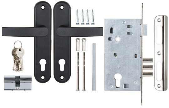 Замок врезной цилиндровый с защёлкой в комплекте с ручкой САМ ЗВ4-3 черный муар 5 кл /78401/