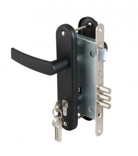 Замок врезной цилиндровый с защёлкой в комплекте с ручкой САМ ЗВ4-3 черный муар 5 кл /78401/