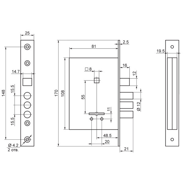 Замок врезной сувальдный с защёлкой в комплекте с ручкой САМ ЗВ9-8/13 черный муар 3 кл /76704/