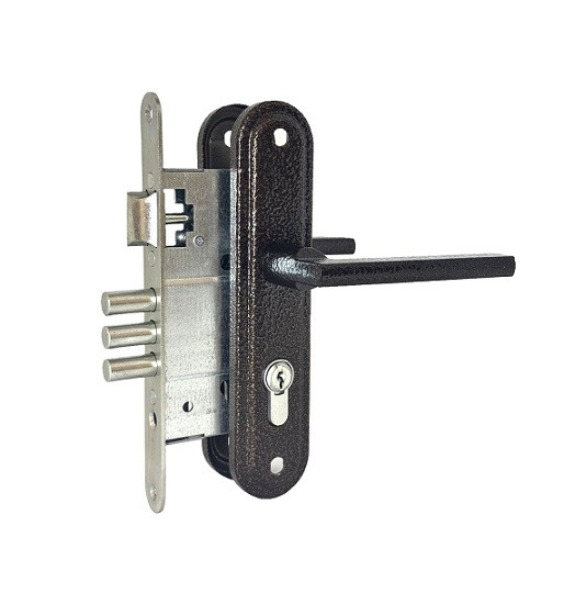 Замок врезной цилиндровый с защёлкой в комплекте с ручкой АБСОЛЮТ ЗВ4-3/09Р медь 4 кл