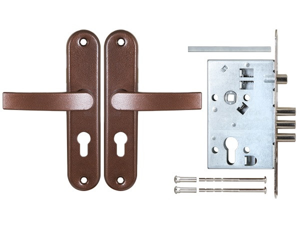 Корпус врезного замка с защёлкой в комплекте с ручкой САМ ЗВ4-31/55 медный антик /78930/