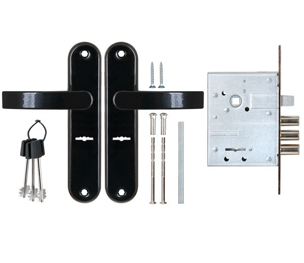 Замок врезной сувальдный с защёлкой в комплекте с ручкой САМ ЗВ9-6/13 черный глянец 3 кл /77305/