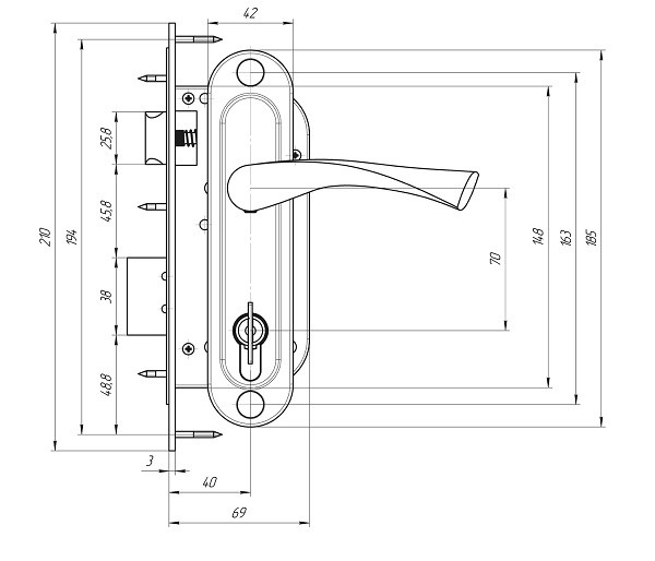 Замок врезной цилиндровый с защёлкой в комплекте с ручкой АБСОЛЮТ ЗВ4-70/07 медь антик 4 кл