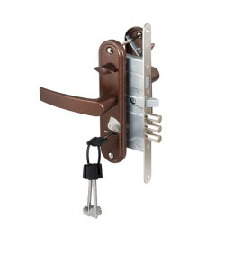 Замок врезной сувальдный с защёлкой в комплекте с ручкой САМ ЗВ9-8.3/13(КЛП5-85)прав медный антик 3 кл/88010/