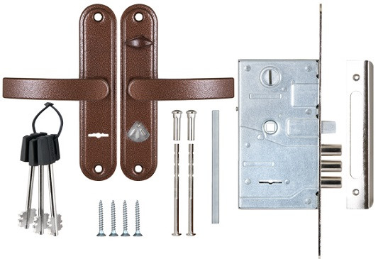 Замок врезной сувальдный с защёлкой в комплекте с ручкой САМ ЗВ9-8.3/13(КЛП5-85)прав медный антик 3 кл/88010/