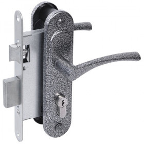 Замок врезной цилиндровый с защёлкой в комплекте с ручкой АБСОЛЮТ ЗВ4-3/07 серебро антик 4 кл