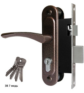 Замок врезной цилиндровый с защёлкой в комплекте с ручкой ОМЕГА ЗВ7 медь 4 кл