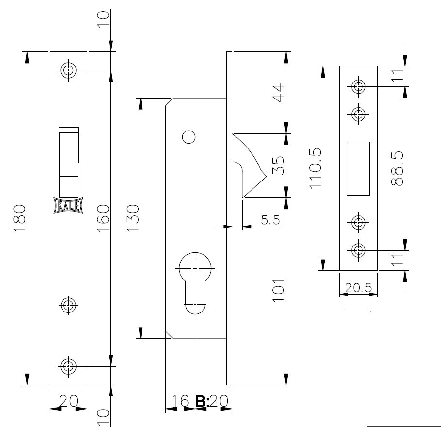 Замок врезной цилиндровый узкопрофильный KALE KILIT 201 20 mm никель 3 кл.