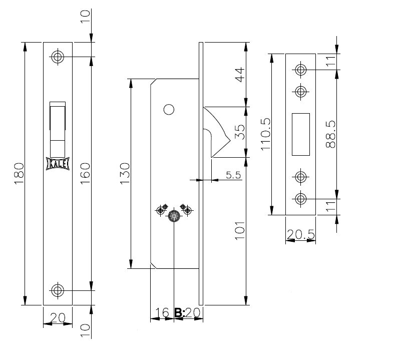 Замок врезной крестообразный узкопрофильный KALE KILIT 201F 20 mm никель, 3 кл.